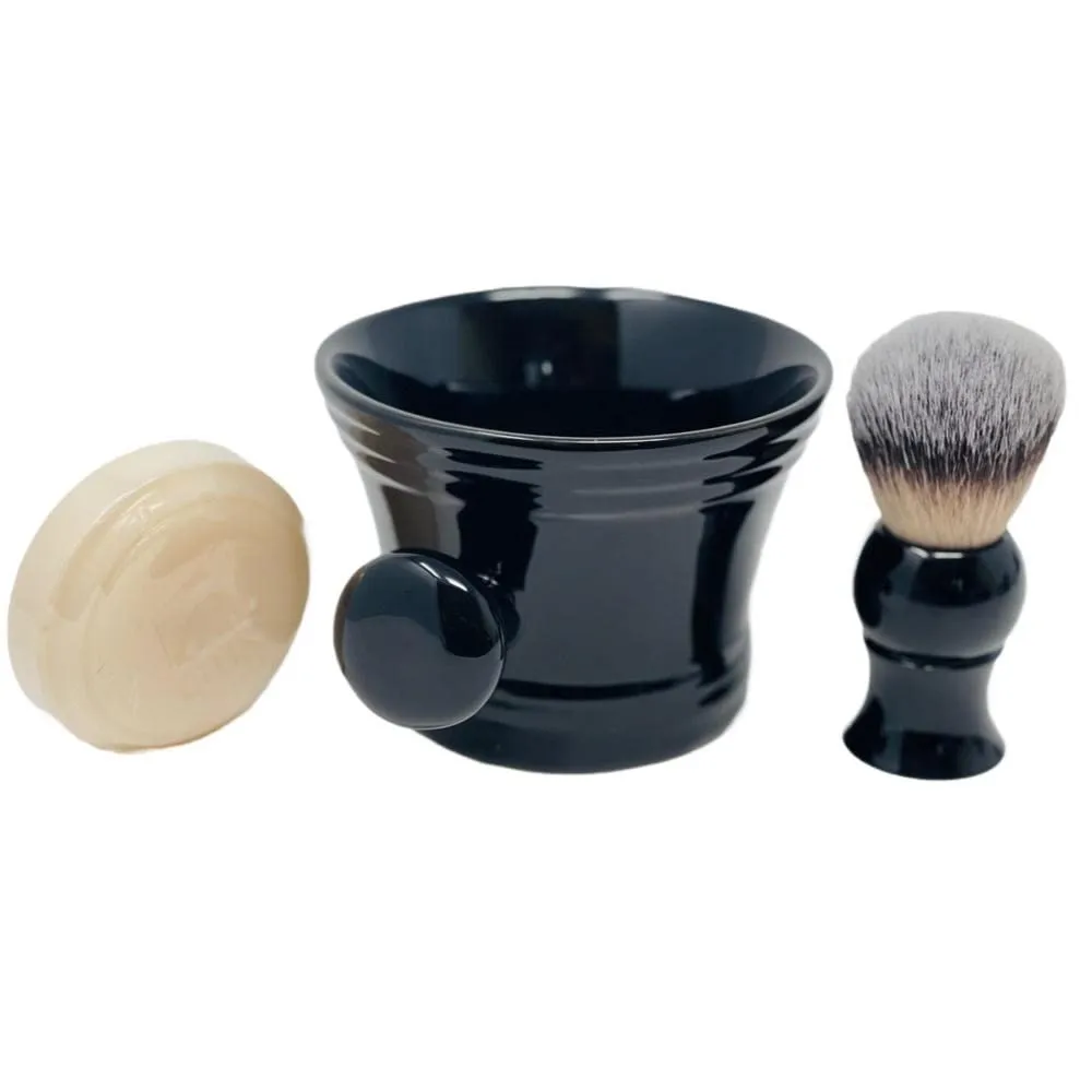 G.B.S Men's Wet Shaving Black Set - Pack of 3 Piece- Synthetic Hair Shaving Brush, Ceramic Mug and 97% All Natural Shaving Soap Compliments for any Shaving Razor