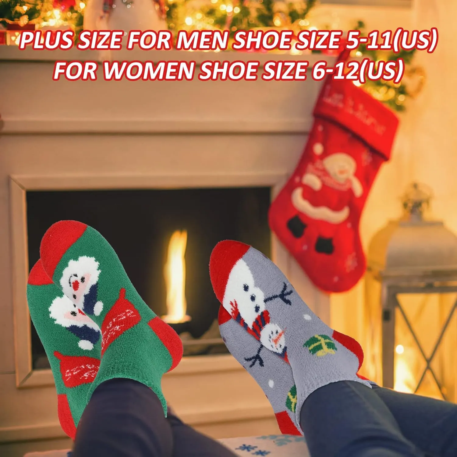 Gellwhu Adult Christmas Fuzzy Socks with Grips Plus Size Warm Winter Luxury Cozy Fluffy Holiday Socks Stocking Stuffers Gifts