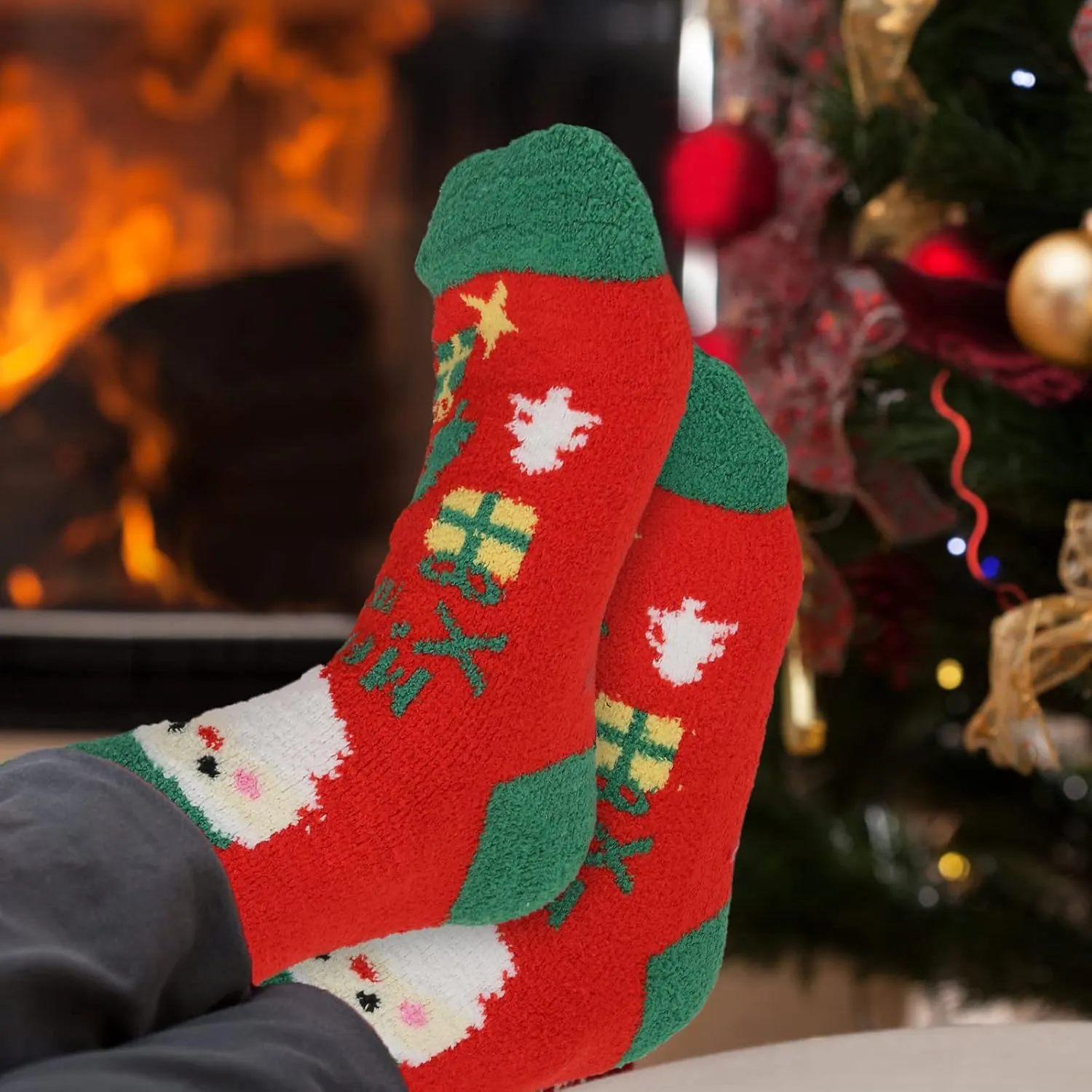 Gellwhu Adult Christmas Fuzzy Socks with Grips Plus Size Warm Winter Luxury Cozy Fluffy Holiday Socks Stocking Stuffers Gifts