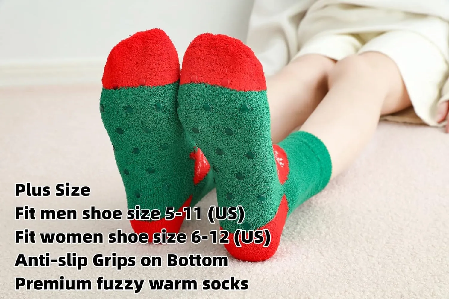 Gellwhu Adult Christmas Fuzzy Socks with Grips Plus Size Warm Winter Luxury Cozy Fluffy Holiday Socks Stocking Stuffers Gifts