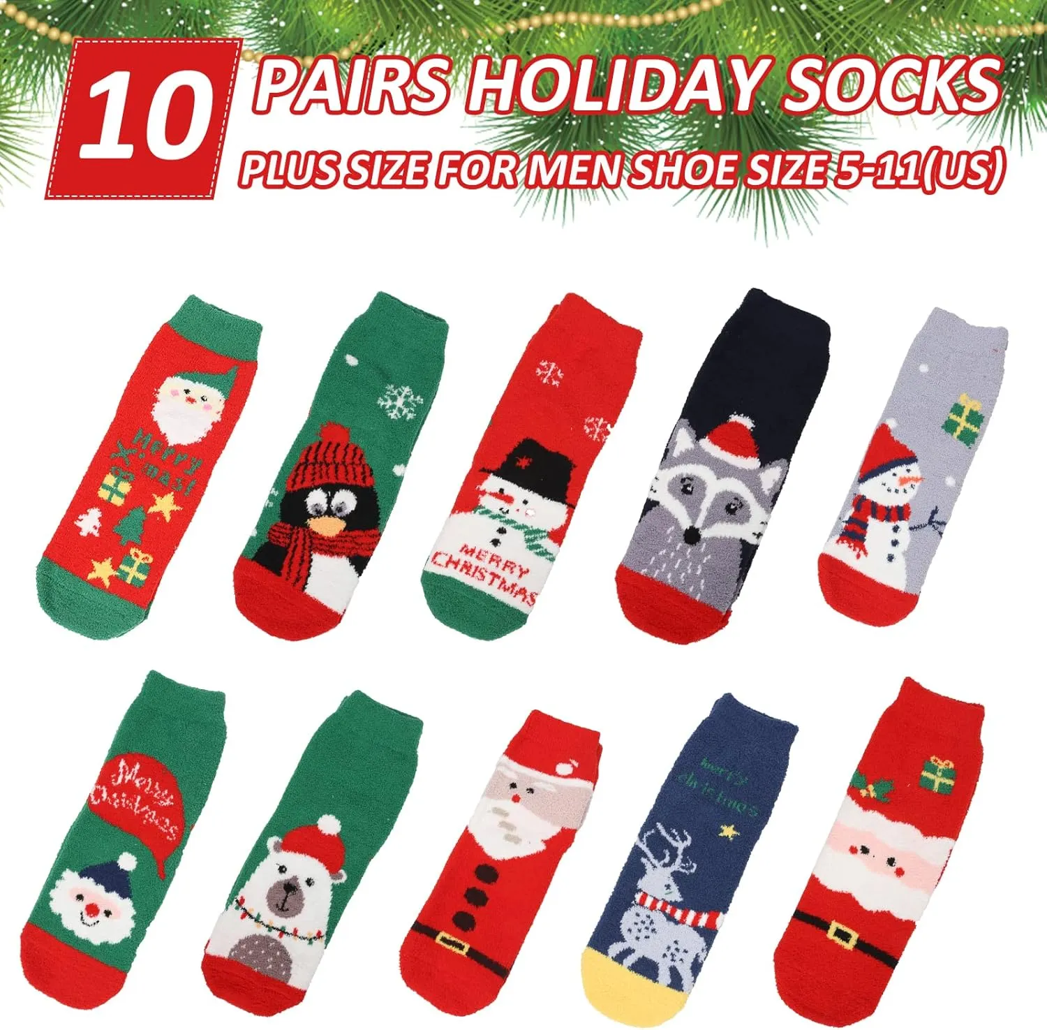 Gellwhu Adult Christmas Fuzzy Socks with Grips Plus Size Warm Winter Luxury Cozy Fluffy Holiday Socks Stocking Stuffers Gifts