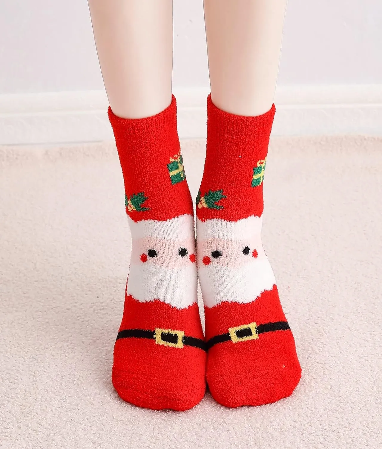 Gellwhu Adult Christmas Fuzzy Socks with Grips Plus Size Warm Winter Luxury Cozy Fluffy Holiday Socks Stocking Stuffers Gifts