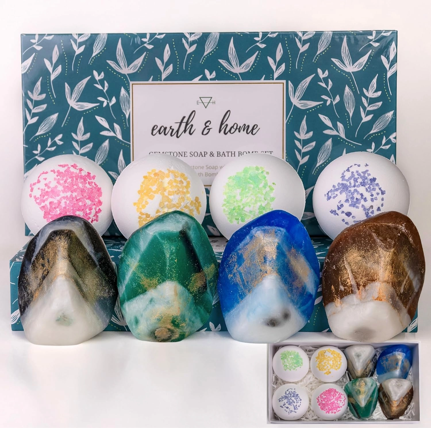 Gemstone Soap & Bath Bomb Set- Relaxing Spa Gift for Women- Mothers Day Gift Set- 4 Decorative Scented Rock Soap with Crystals and 4 Fizzy Bath Bomb- with Natural Ingredients & Essential Oil