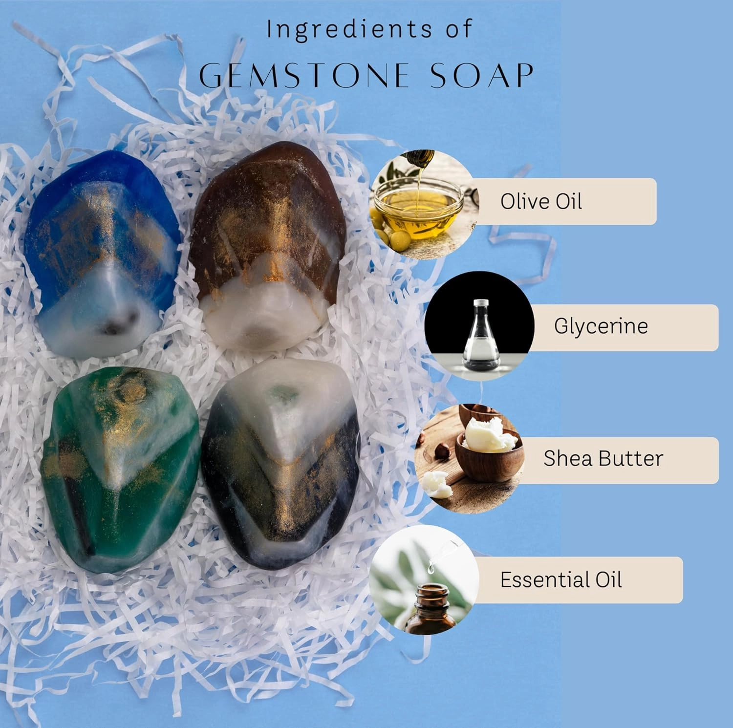 Gemstone Soap & Bath Bomb Set- Relaxing Spa Gift for Women- Mothers Day Gift Set- 4 Decorative Scented Rock Soap with Crystals and 4 Fizzy Bath Bomb- with Natural Ingredients & Essential Oil