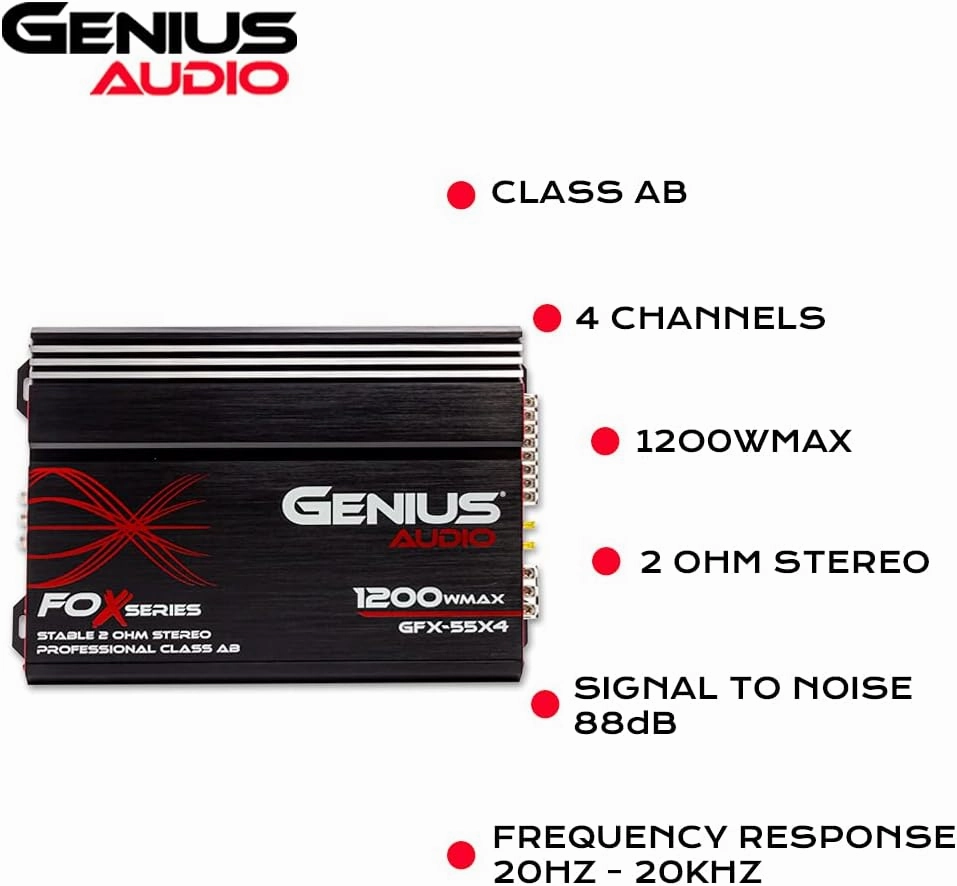 Genius Audio GFX-55X4 Full Range Powered Car Amplifier Multichannel 1200 Watts Max Class AB 2-Ohm Stable with Power Protection System to Boost Speaker and Woofer Performance