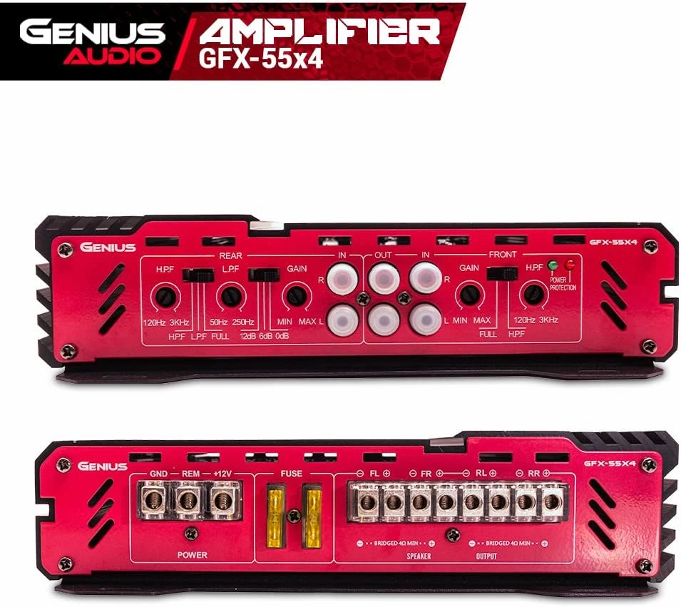 Genius Audio GFX-55X4 Full Range Powered Car Amplifier Multichannel 1200 Watts Max Class AB 2-Ohm Stable with Power Protection System to Boost Speaker and Woofer Performance