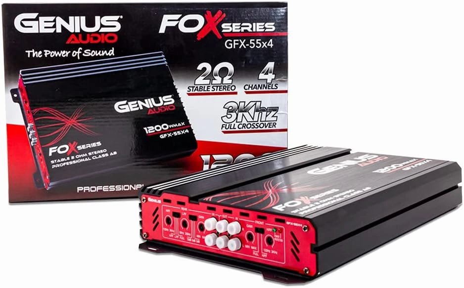 Genius Audio GFX-55X4 Full Range Powered Car Amplifier Multichannel 1200 Watts Max Class AB 2-Ohm Stable with Power Protection System to Boost Speaker and Woofer Performance