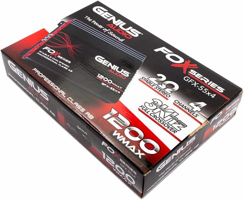 Genius Audio GFX-55X4 Full Range Powered Car Amplifier Multichannel 1200 Watts Max Class AB 2-Ohm Stable with Power Protection System to Boost Speaker and Woofer Performance