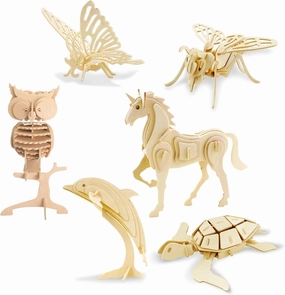 Georgie Porgy 3D Wooden Puzzles for Kids Toys Construction Woodcraft Kits DIY Model Puzzle Kits Birthday Gifts Pack of 6 (Bee Owl Butterfly Unicorn Sea Turtle Dolphin)