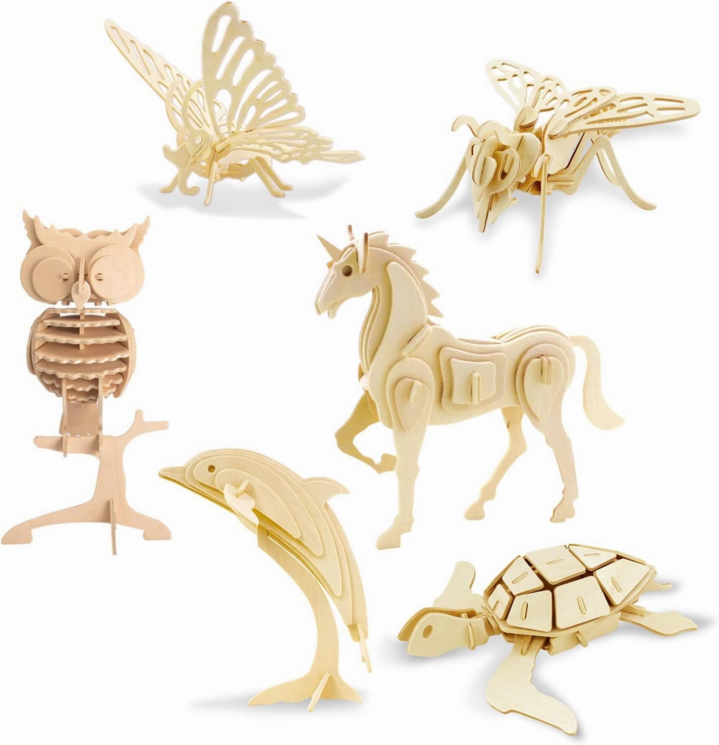 Georgie Porgy 3D Wooden Puzzles for Kids Toys Construction Woodcraft Kits DIY Model Puzzle Kits Birthday Gifts Pack of 6 (Bee Owl Butterfly Unicorn Sea Turtle Dolphin)