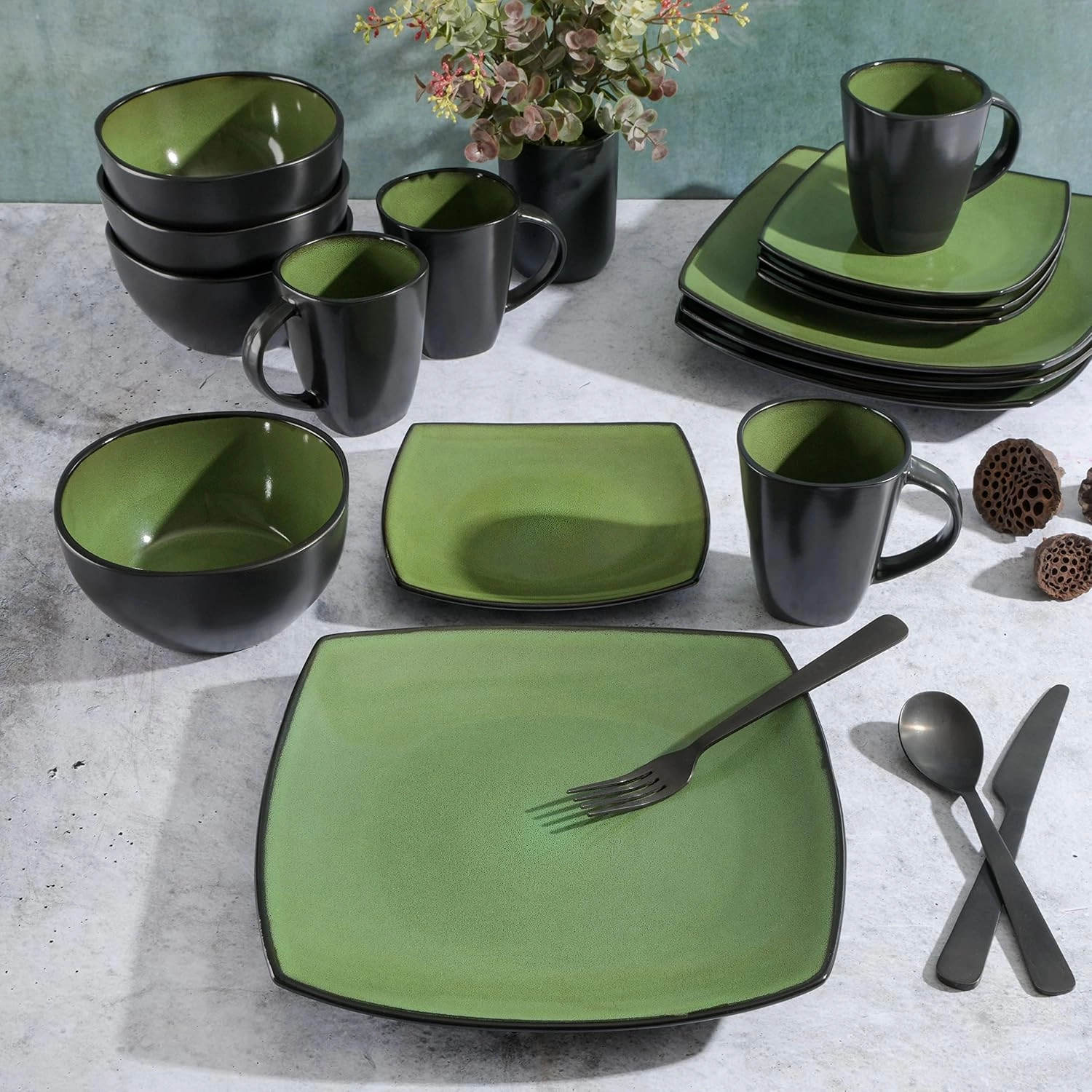 Gibson 99811.16R Dinnerware set, Soho Square, Green, Service for 4 (16pc)