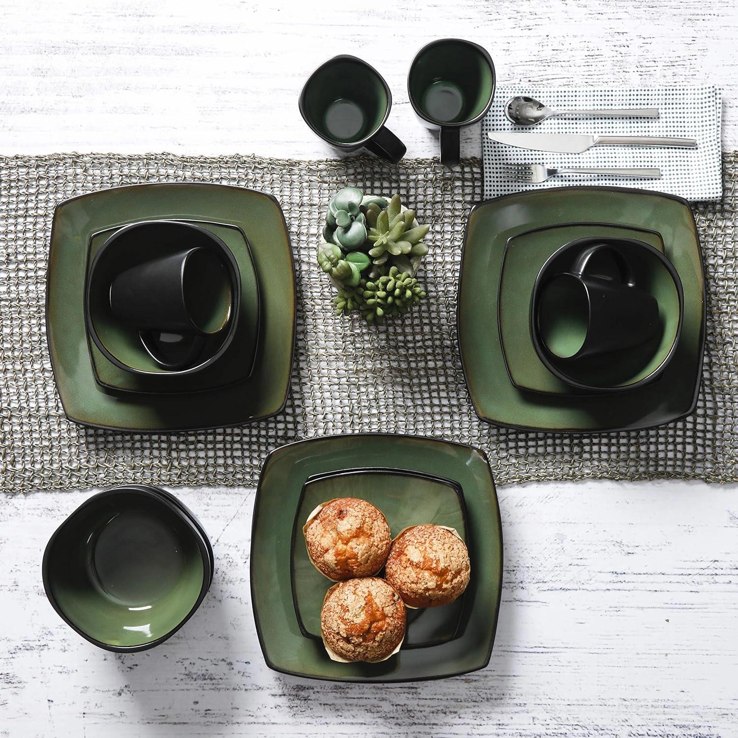 Gibson 99811.16R Dinnerware set, Soho Square, Green, Service for 4 (16pc)