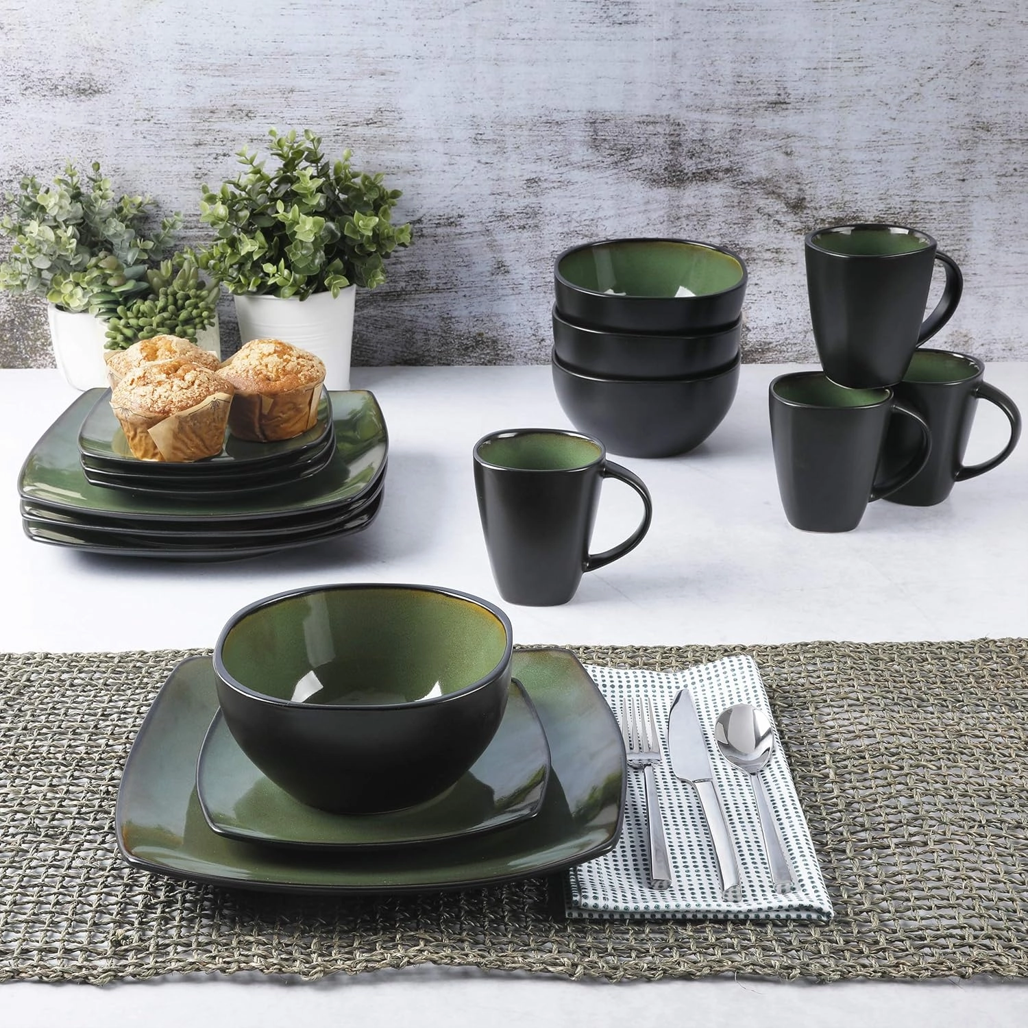 Gibson 99811.16R Dinnerware set, Soho Square, Green, Service for 4 (16pc)