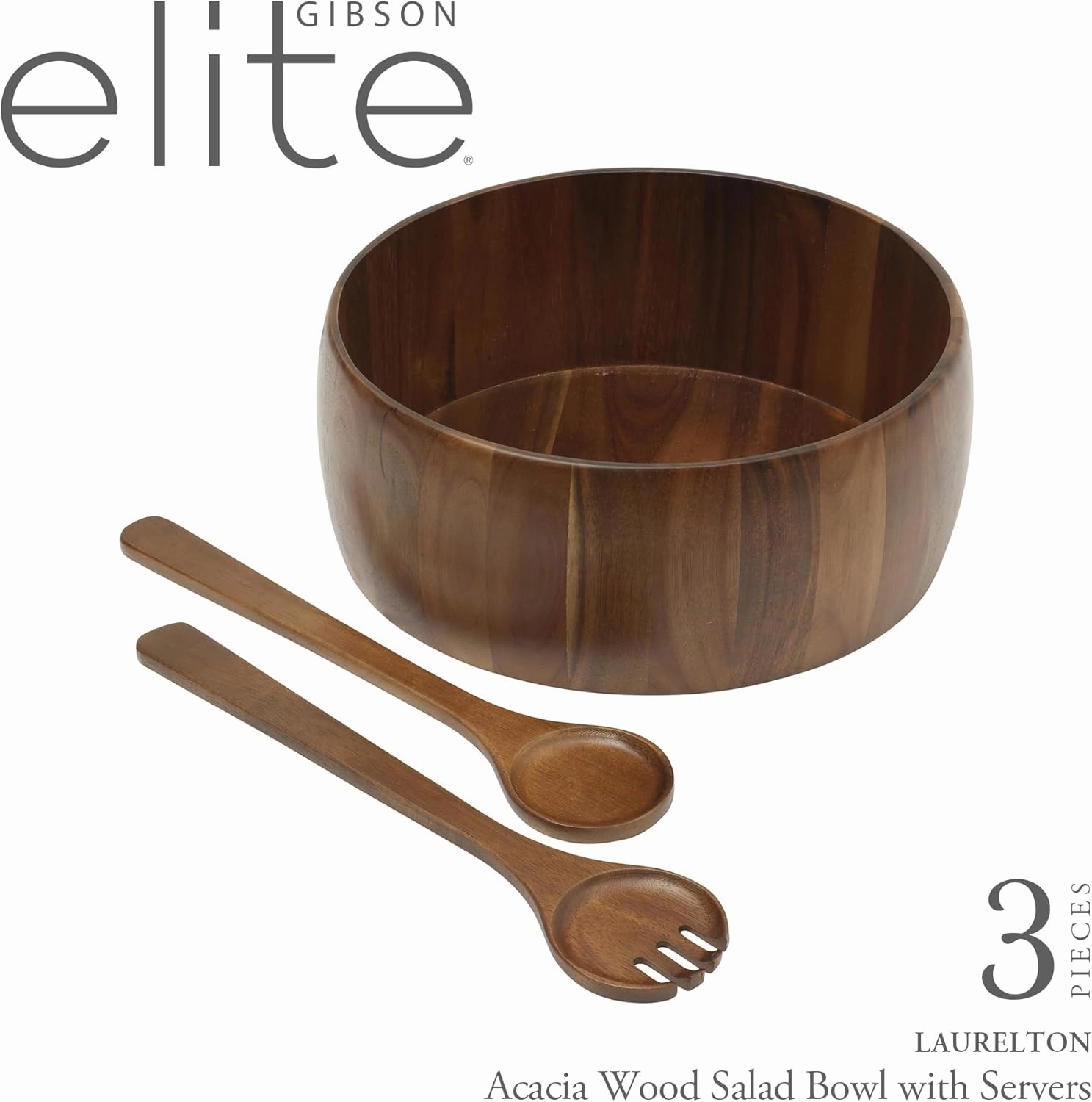 Gibson Home Laurelton 3 Piece Large 13" Acacia Wood Salad Serving Bowl Set w/ 2 Serving Tools