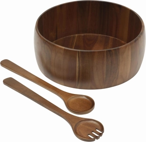 Gibson Home Laurelton 3 Piece Large 13" Acacia Wood Salad Serving Bowl Set w/ 2 Serving Tools