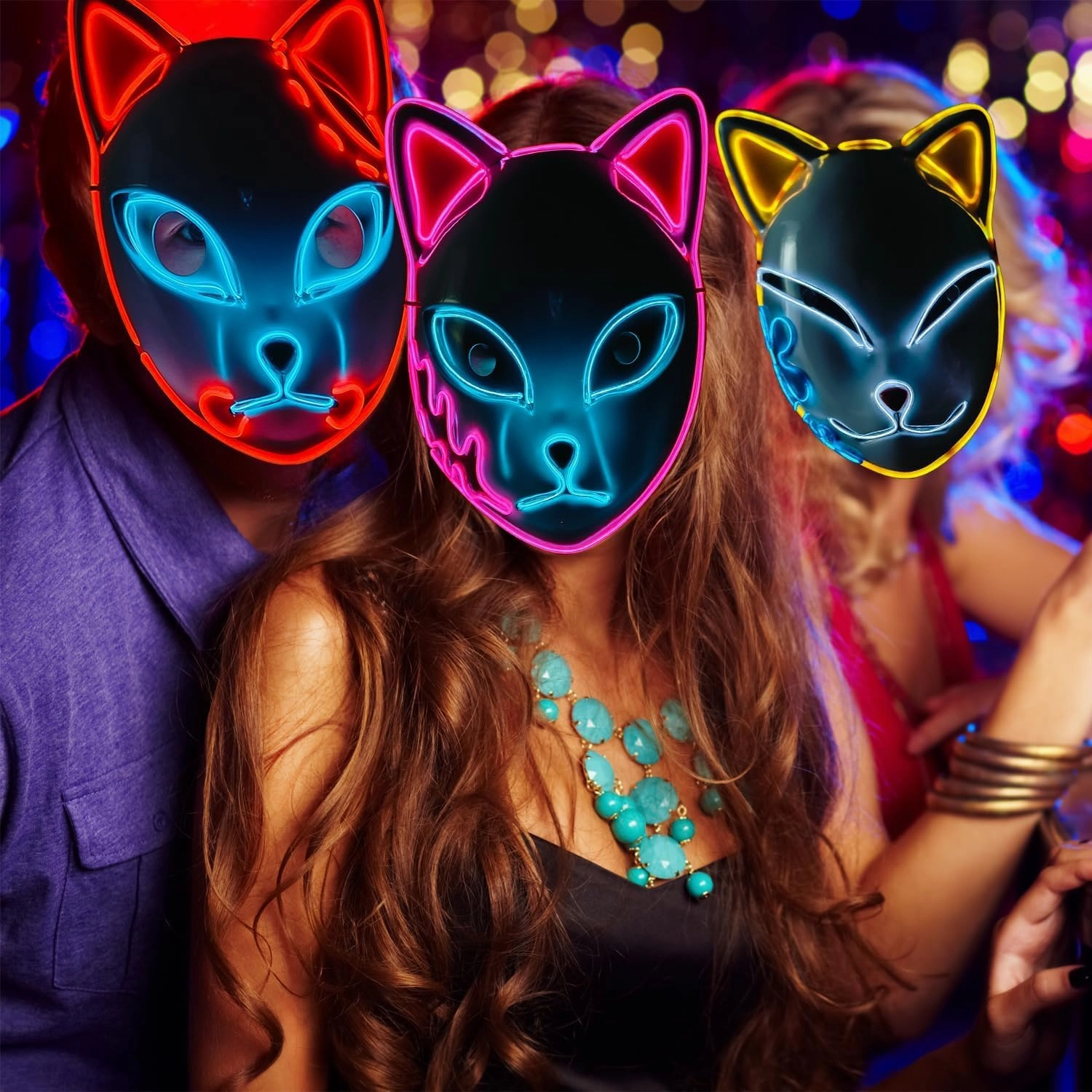 Ginkago 3pcs Fox Mask Cosplay Set Led Anime Mask Light Up Japanese Costume Accessories for Kids Adults Halloween Masquerade