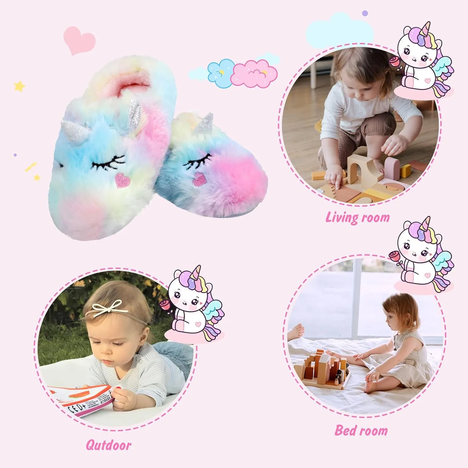 Girls Cute Animal Slippers for Toddler Kids Fuzzy Slip-on House Shoes Warm Fluffy Plush Indoor Home Slippers