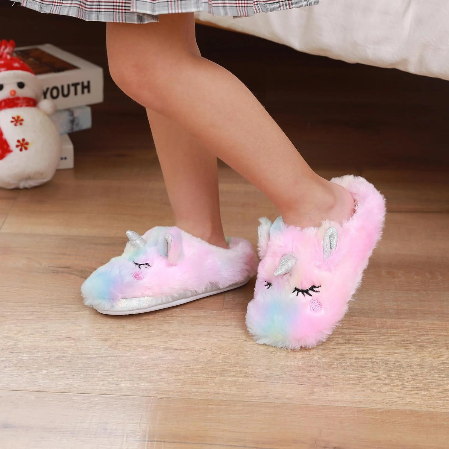 Girls Cute Animal Slippers for Toddler Kids Fuzzy Slip-on House Shoes Warm Fluffy Plush Indoor Home Slippers