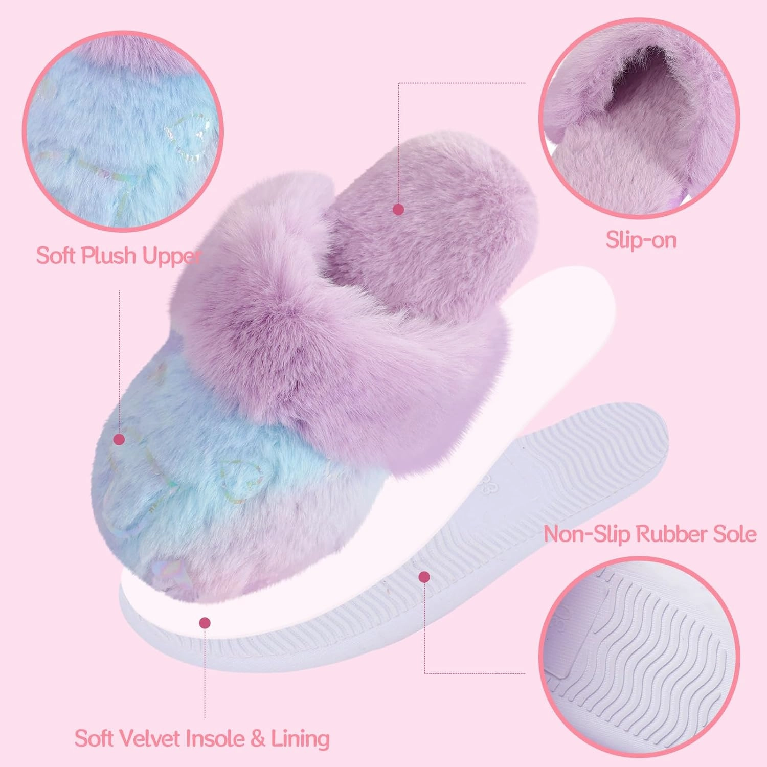 Girls Plush House Slippers Fluffy Multicolor Mermaid Slippers, Cute Faux Fur Slip-on Shoes Memory Foam House Slipper