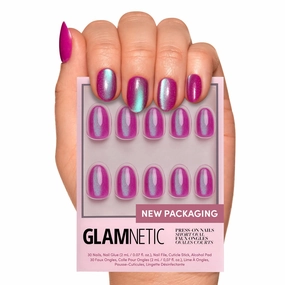 Glamnetic Press On Nails - Berry Fizz | Short Oval, Magenta Nails with a Mesmerizing Metallic Finish | 15 Sizes - 30 Nail Kit with Glue