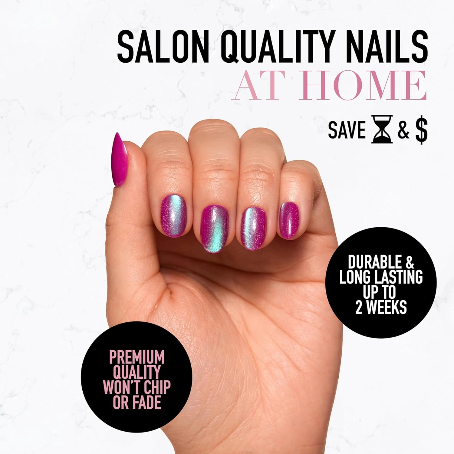 Glamnetic Press On Nails - Berry Fizz | Short Oval, Magenta Nails with a Mesmerizing Metallic Finish | 15 Sizes - 30 Nail Kit with Glue