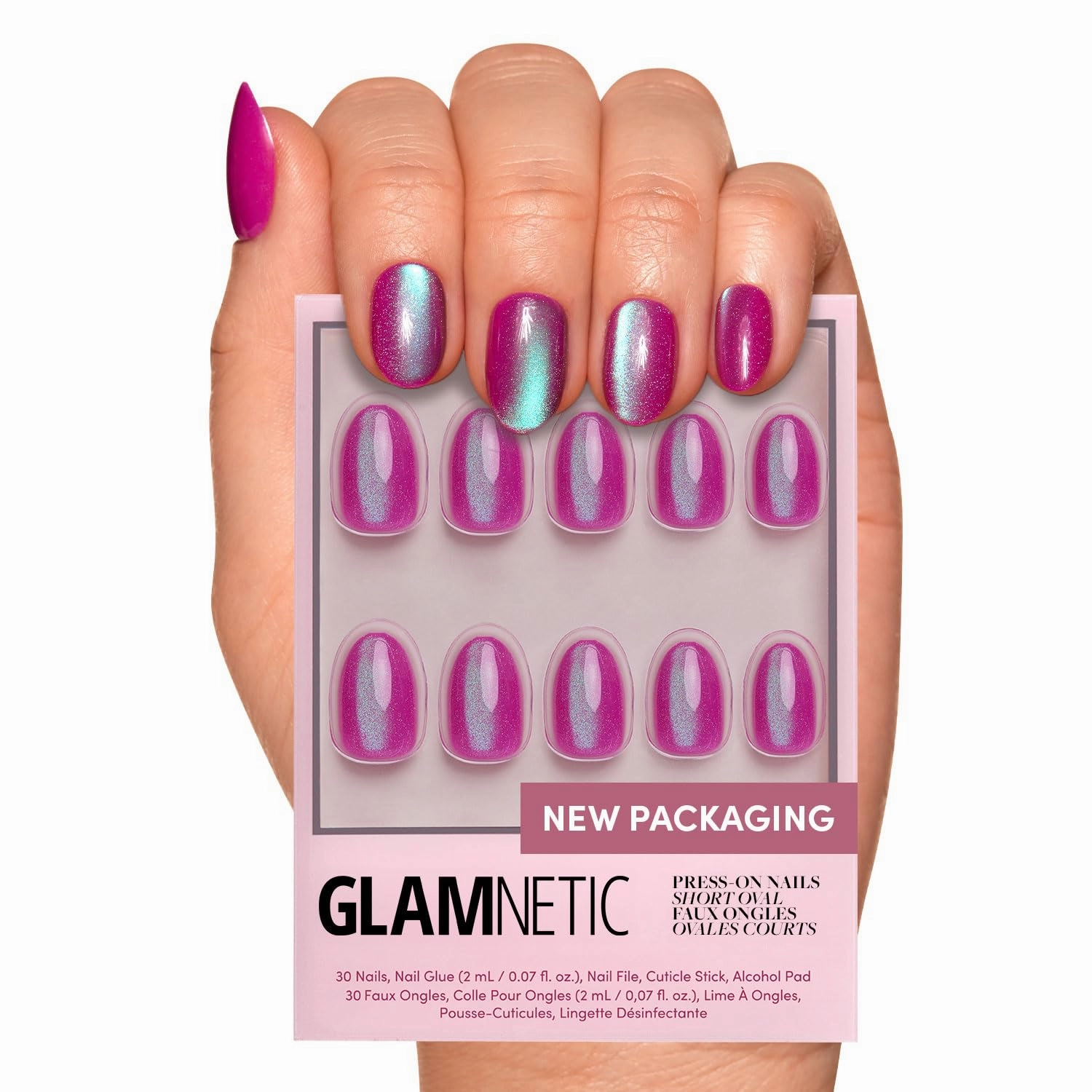 Glamnetic Press On Nails - Berry Fizz | Short Oval, Magenta Nails with a Mesmerizing Metallic Finish | 15 Sizes - 30 Nail Kit with Glue