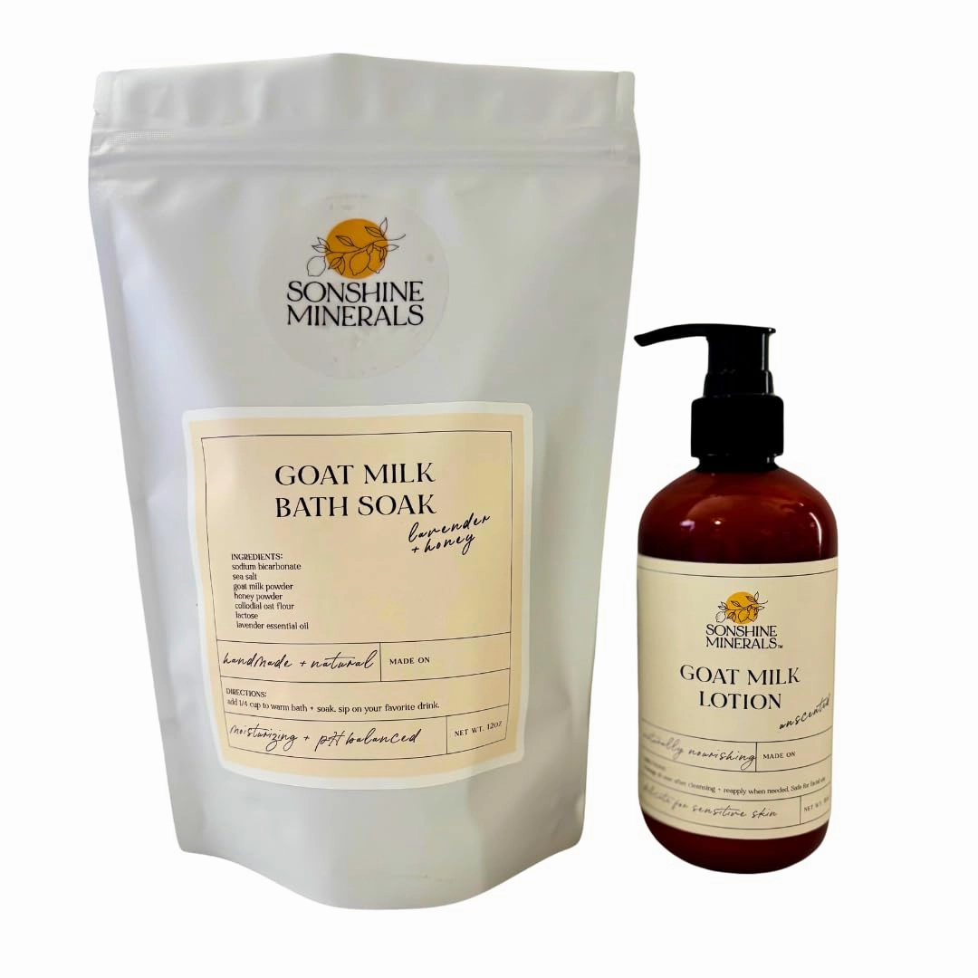 Goat Milk Bath Soak with Lavender, Honey & Oats (12oz)   Unscented Goat Milk Lotion (8oz Pump) – Nourishing Duo for Soft, Hydrated Skin – Natural & Gentle Body Care Set of Goat Milk Products