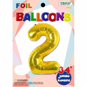 Gold Number 2 Foil Balloon - 34 Inch