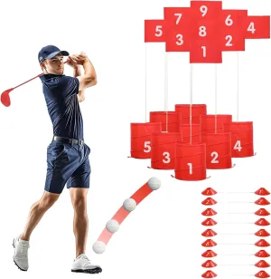 Golf Game 9 Hole Set, Indoor Outdoor Backyard Golf Chipping Game Golf Yard Bucket Games for Lawn, Beach, Backyard, Yard, Camping, Park Red