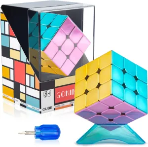 GONINO Speed Cube, Magic Cube Toy 2025, 3x3 Magnetic Mirror Reflective Cube Set, Metallic Stickerless Speedcube 3x3x3 with Display Stand & Showcase, Puzzle Birthday Gifts for Kids Adults Girls Boys