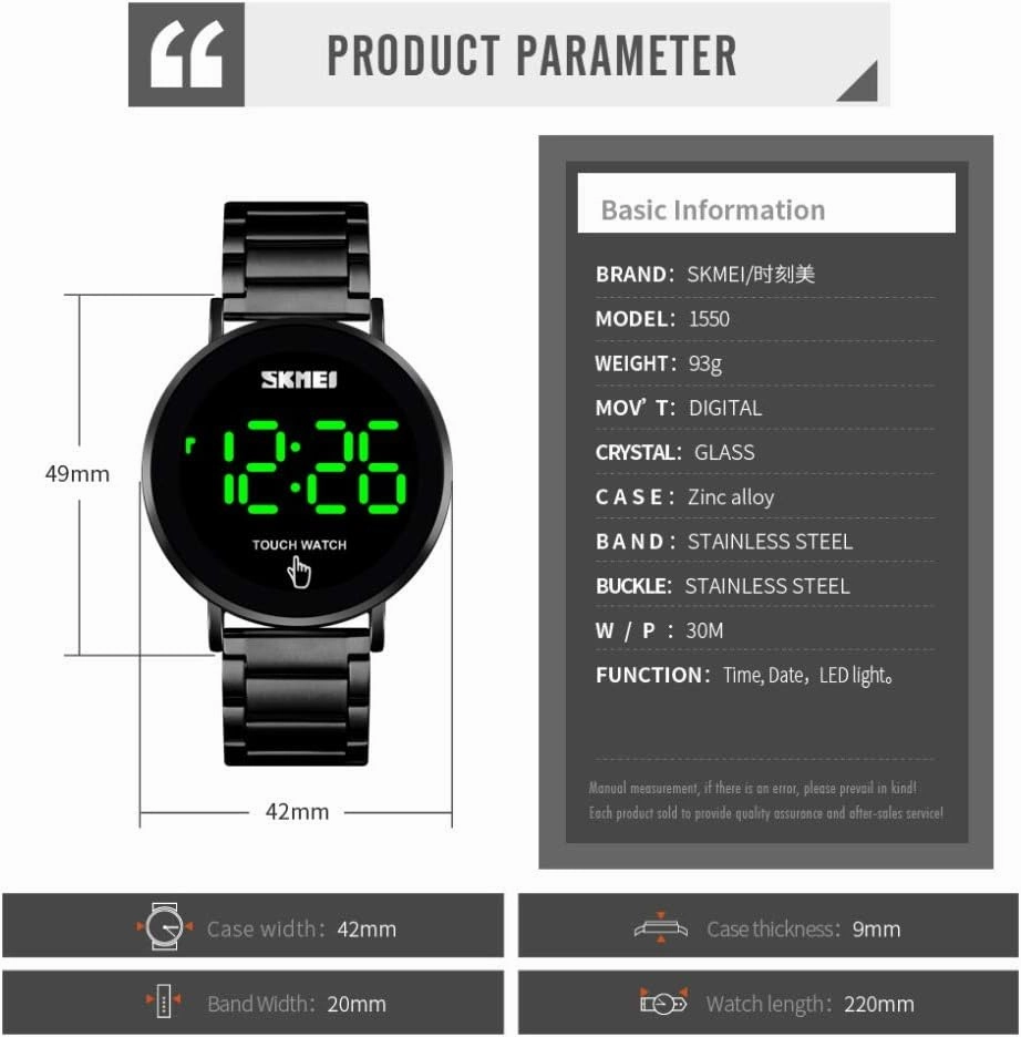 Gosasa Touch Screen Digital LED Waterproof Men Womens Sport Casual Stainless Steel Wrist Watch