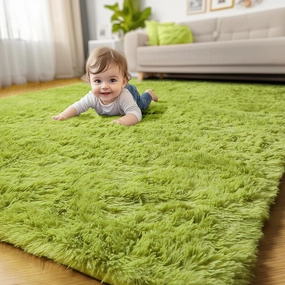 Grass Green Runner Rugs for Bedroom Decor Aesthetic, Fluffy Shag Area Rug 3x5 for Kids Room Living Room Baby Nursery, Cool Shaggy Throw Bedside Fuzzy Plush Carpet, Cute Moss Classroom Playroom Rug