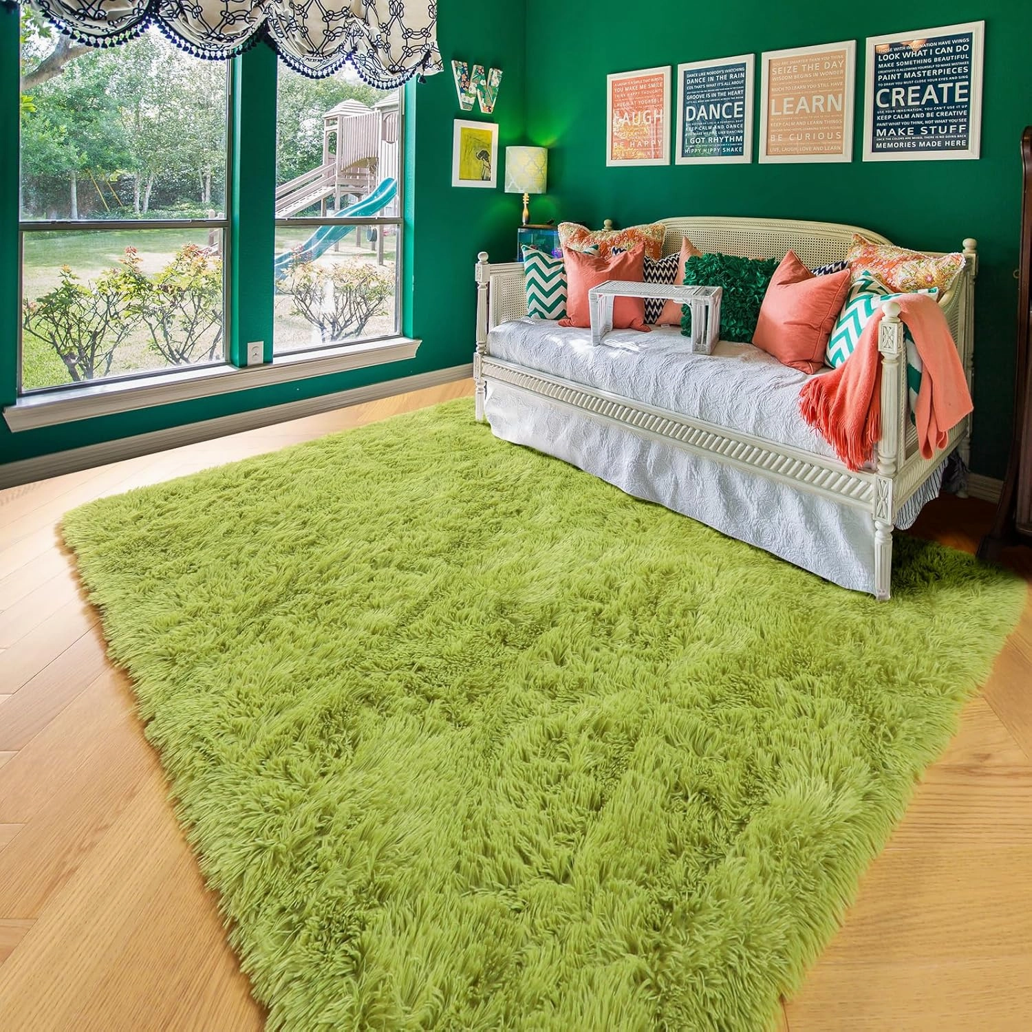 Grass Green Runner Rugs for Bedroom Decor Aesthetic, Fluffy Shag Area Rug 3x5 for Kids Room Living Room Baby Nursery, Cool Shaggy Throw Bedside Fuzzy Plush Carpet, Cute Moss Classroom Playroom Rug
