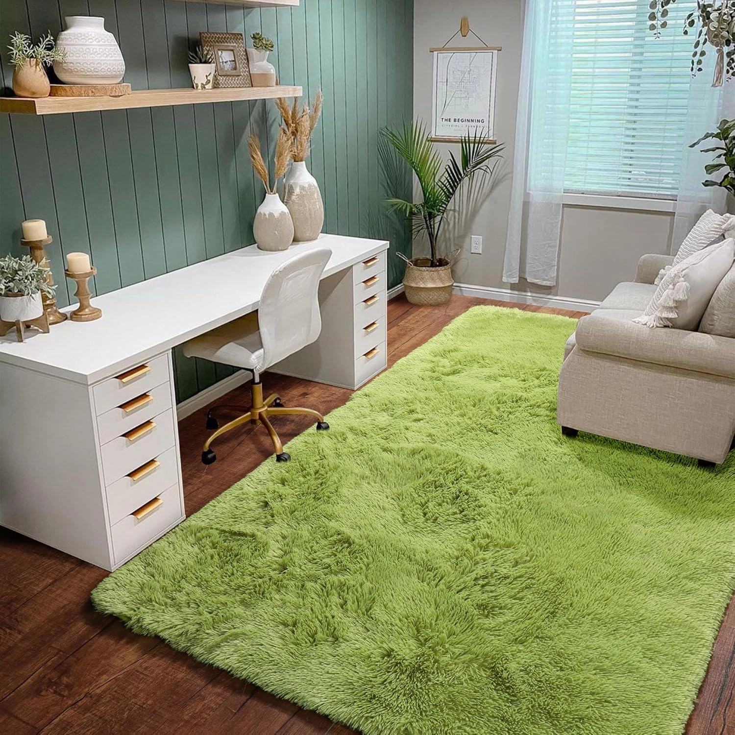 Grass Green Runner Rugs for Bedroom Decor Aesthetic, Fluffy Shag Area Rug 3x5 for Kids Room Living Room Baby Nursery, Cool Shaggy Throw Bedside Fuzzy Plush Carpet, Cute Moss Classroom Playroom Rug