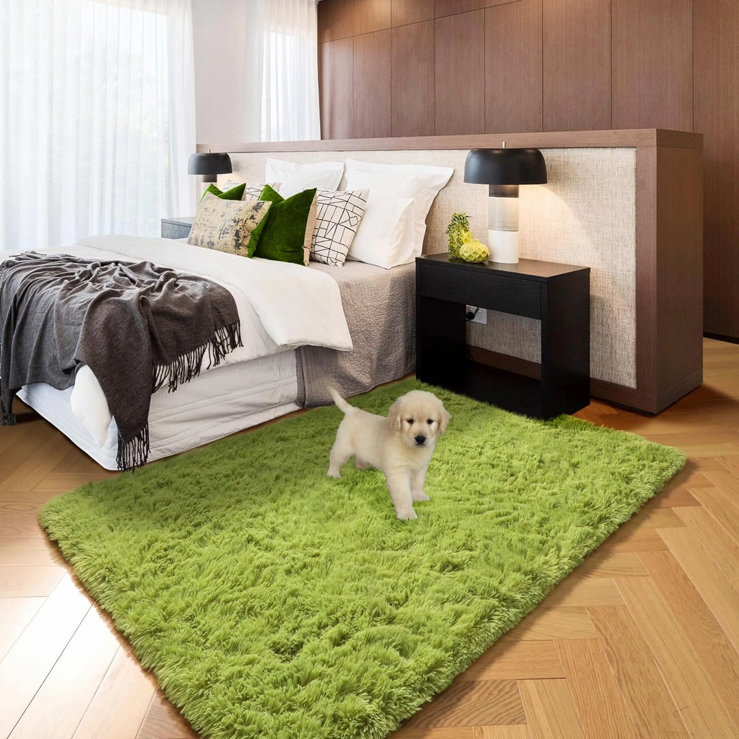 Grass Green Runner Rugs for Bedroom Decor Aesthetic, Fluffy Shag Area Rug 3x5 for Kids Room Living Room Baby Nursery, Cool Shaggy Throw Bedside Fuzzy Plush Carpet, Cute Moss Classroom Playroom Rug