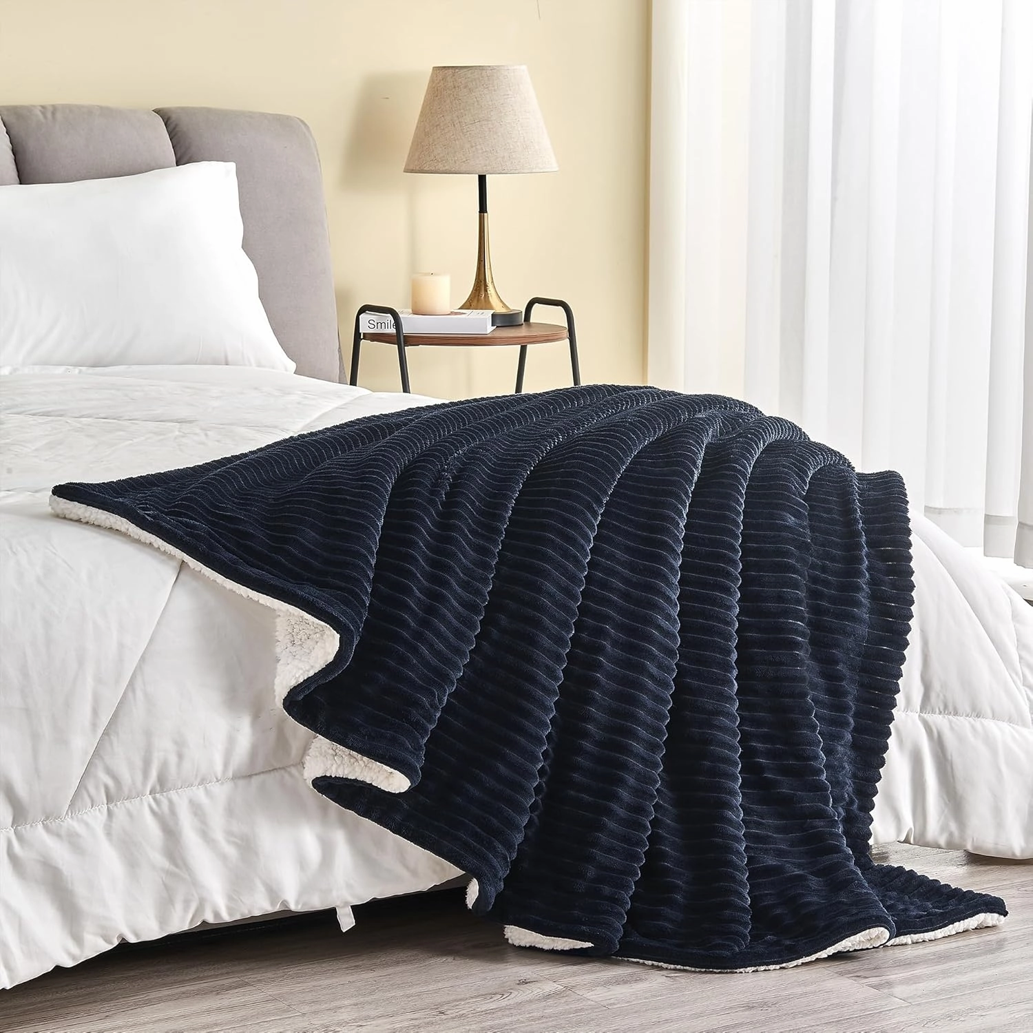 Great Bay Home Ribbed Texture Reversible Navy Throw Blanket, Fluffy and Luxurious Throw Blanket (50" x 60" Throw, Navy)