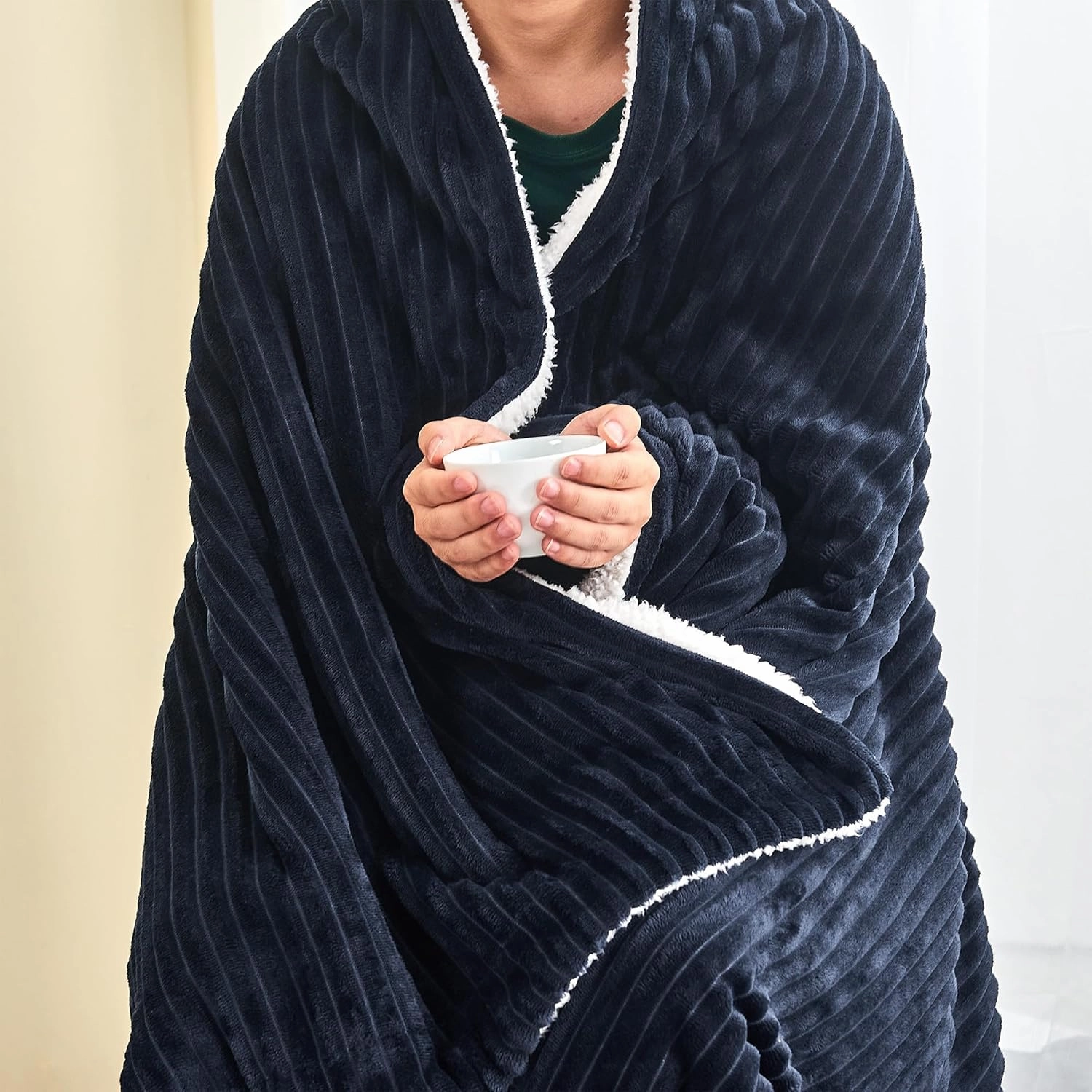 Great Bay Home Ribbed Texture Reversible Navy Throw Blanket, Fluffy and Luxurious Throw Blanket (50" x 60" Throw, Navy)