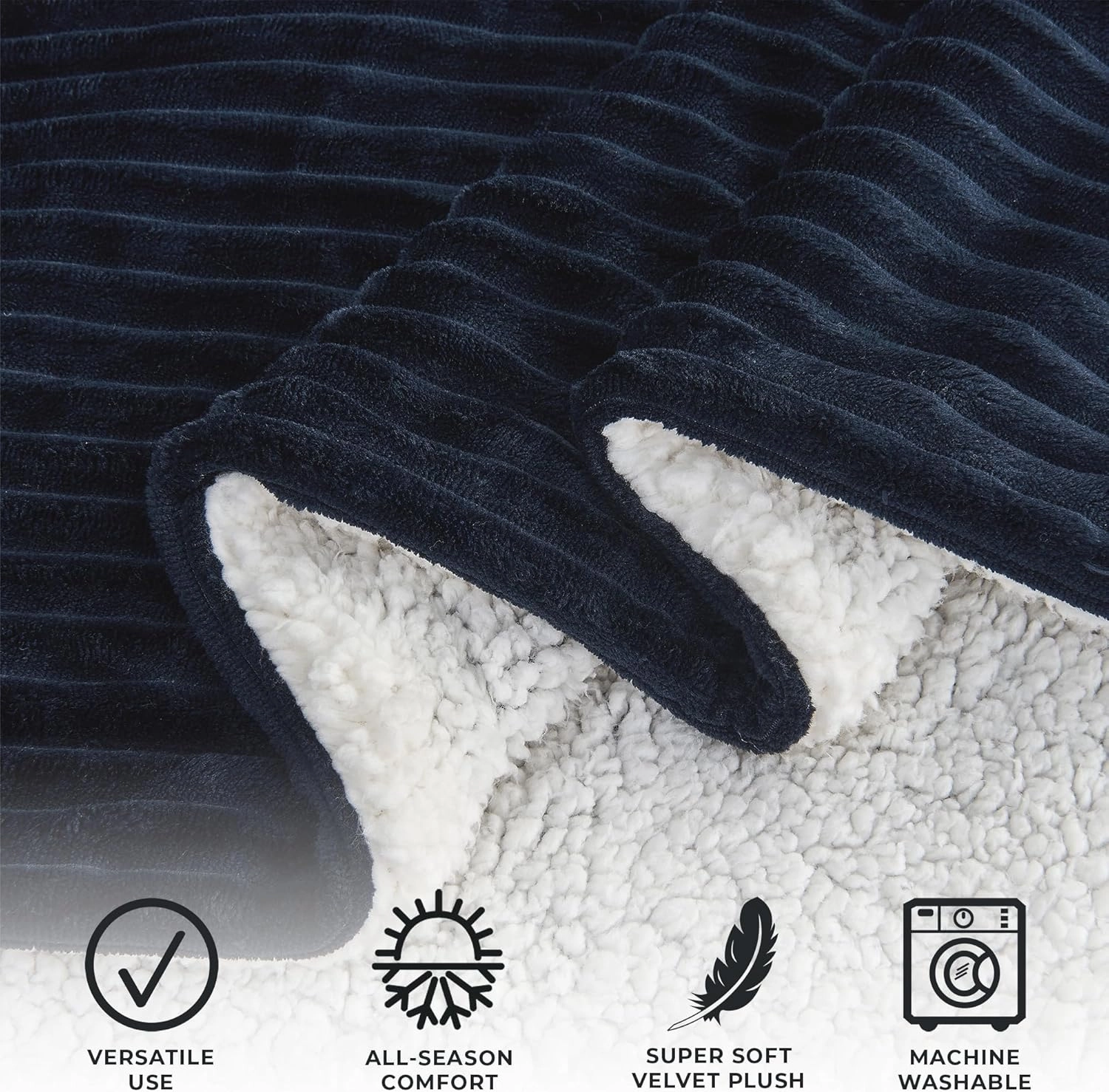 Great Bay Home Ribbed Texture Reversible Navy Throw Blanket, Fluffy and Luxurious Throw Blanket (50" x 60" Throw, Navy)