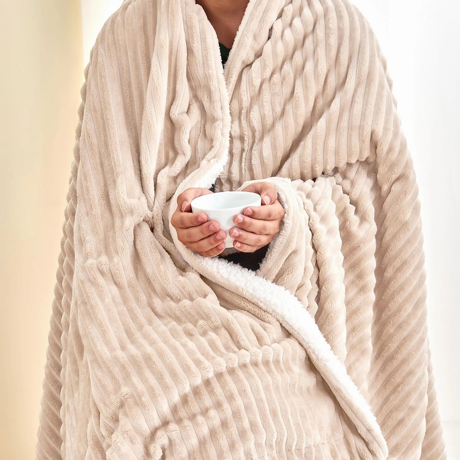 Great Bay Home Ribbed Texture Reversible Taupe Throw Blanket, Fluffy and Luxurious Throw Blanket (50" x 60" Throw, Cappuccino)
