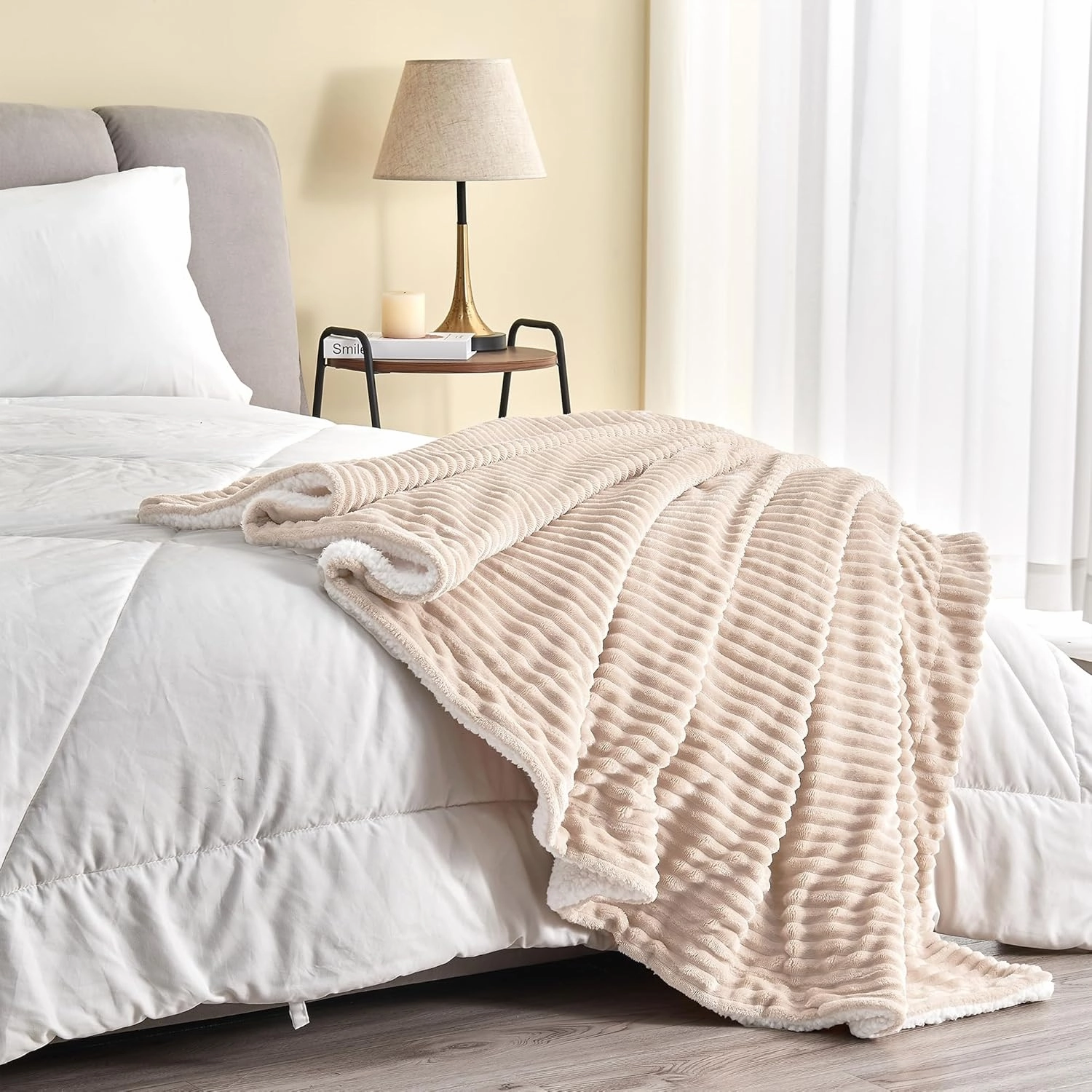Great Bay Home Ribbed Texture Reversible Taupe Throw Blanket, Fluffy and Luxurious Throw Blanket (50" x 60" Throw, Cappuccino)