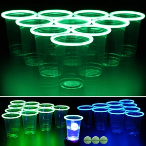 Green vs Blue Glow in The Dark Beer Pong Game Set for Indoor Outdoor Nighttime Competitive Fun, 12 Green vs 12 Blue Glowing Cups, 4 Glowing Balls, 1 Ball Charging Unit Makes Every Shot Glow