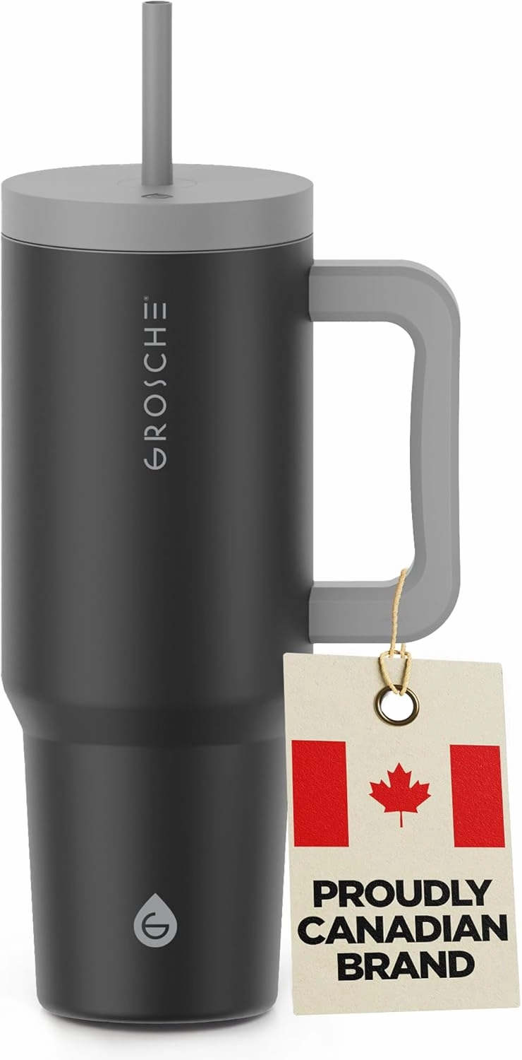 GROSCHE ASPEN 40 Ounce Tumbler with Handle and Straw. Extreme Insulation, Classy Design, Built To Last, Insulated Stainless Steel Tumblers with Handle, Lid and Straw - 40 fl. oz, Black