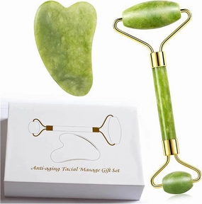 Gua sha Scraper Board Natural Crystal Jade Roller Facial Thin Massager Box Skin Slim Pink Stone Guasha Gem Anti Wrinkle Remover Gua Sha Gift Set Tool Massage Tool Set (Color : Sets 02)