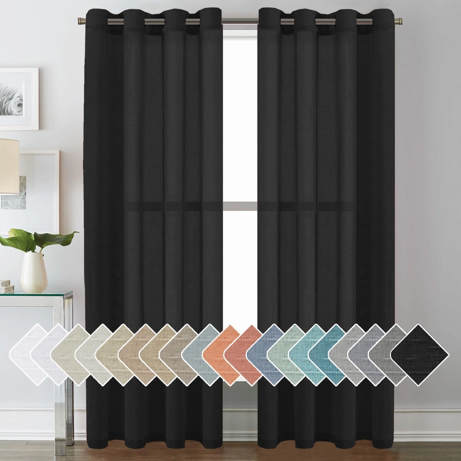 H.VERSAILTEX Linen Curtains Natural Blended Curtain Panels for Living Room/Light Reducing Linen Semi Sheer Curtains 84 inch Length 2 Panels Set Nickel Grommet Window Panels, 52" x 84", Black