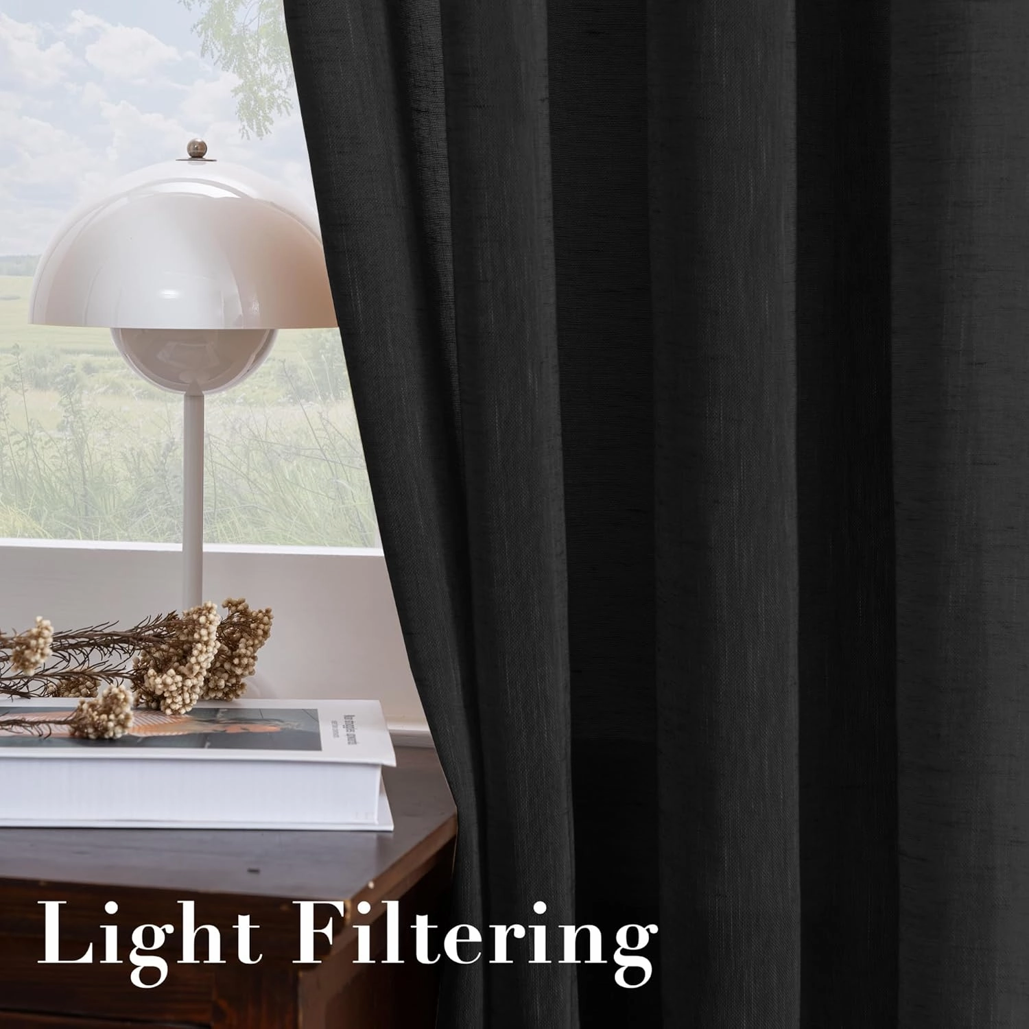 H.VERSAILTEX Linen Curtains Natural Blended Curtain Panels for Living Room/Light Reducing Linen Semi Sheer Curtains 84 inch Length 2 Panels Set Nickel Grommet Window Panels, 52" x 84", Black