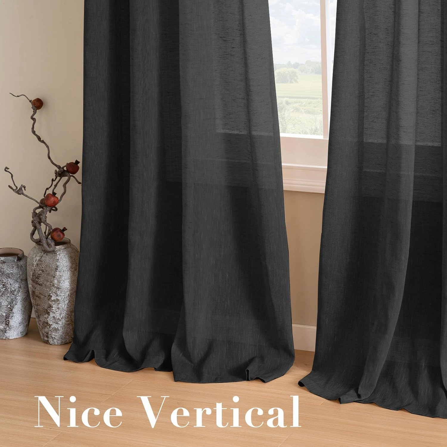 H.VERSAILTEX Linen Curtains Natural Blended Curtain Panels for Living Room/Light Reducing Linen Semi Sheer Curtains 84 inch Length 2 Panels Set Nickel Grommet Window Panels, 52" x 84", Black