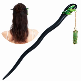 Hair Accessories，14k Gold Plated Copper，Vintage Handcrafted Natural Ebony，6.88" Hair Chopsticks For Women，Colour Enamelss Jade Bamboo Tassels Hair Stick，Hair Clip