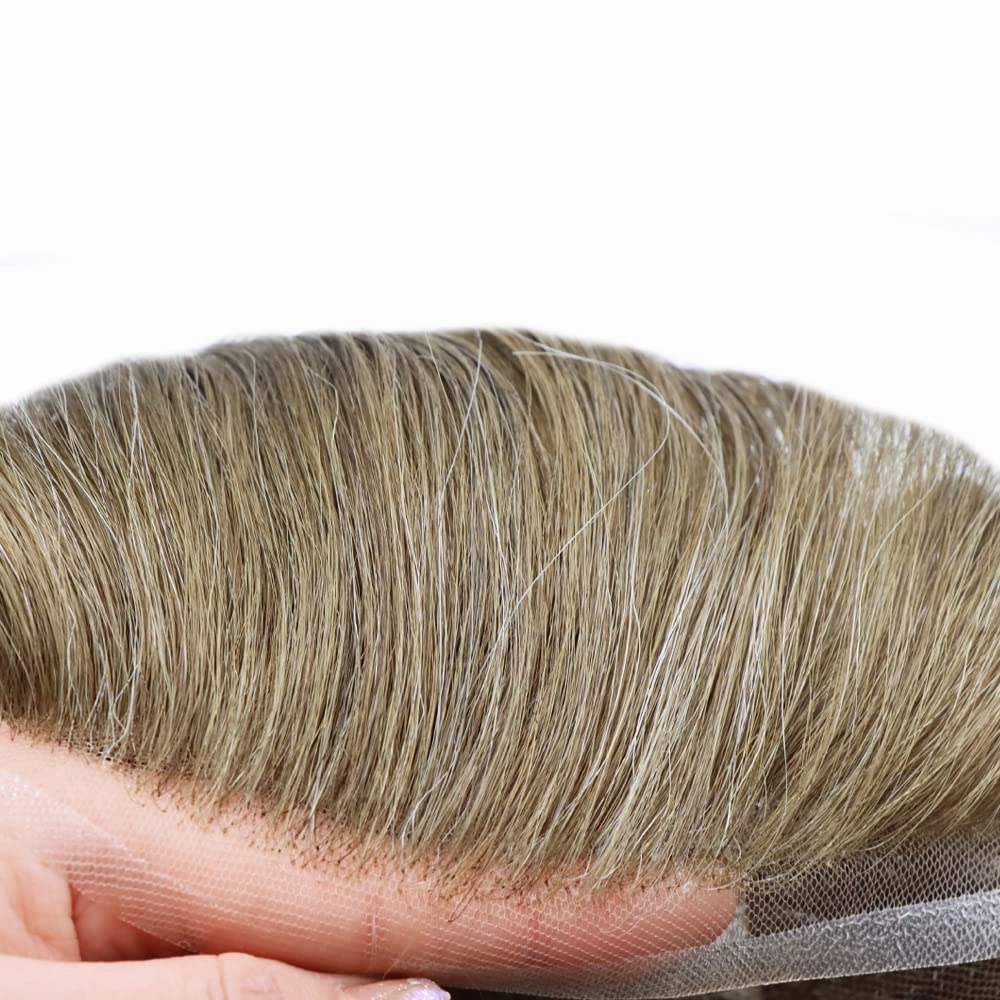 Hair System For Men Soft Full Swiss Lace Mens Toupee Human Hair Replacement Systems Bleached Knots Toupee For Men Hair Piece 8x10#1720#17 DARK ASH BLONDE 20% GREY 100% Density