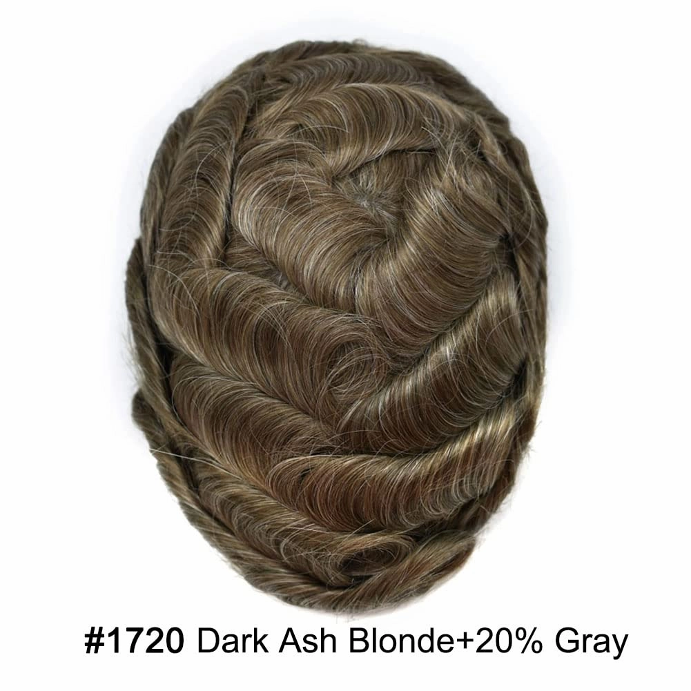 Hair System For Men Soft Full Swiss Lace Mens Toupee Human Hair Replacement Systems Bleached Knots Toupee For Men Hair Piece 8x10#1720#17 DARK ASH BLONDE 20% GREY 100% Density