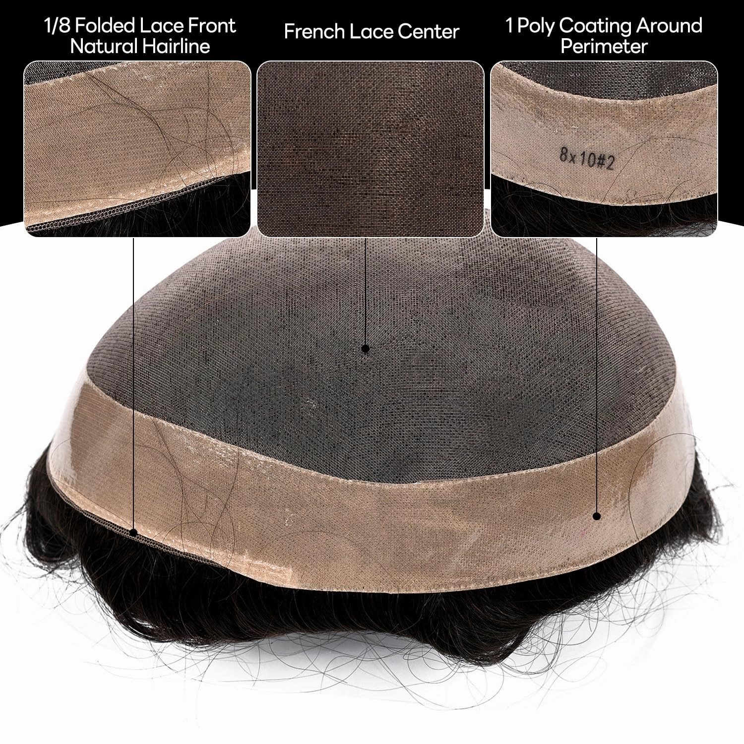 Hair System For Men Toupee Fine Mono Hair Piece European Human Hair Replacement NPU Skin Around Toupee For Men (2# Darkest Brown, 8x10""-120% Medium Light to Medium Density)